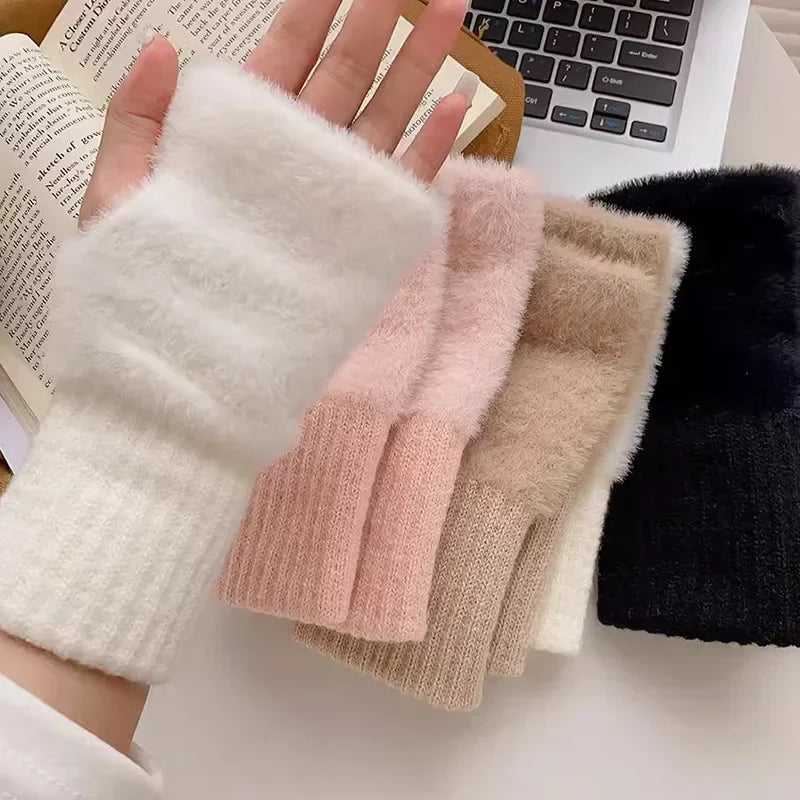 Women’s Soft Winter Fingerless Knit Gloves – Plush Warm Wrist Mittens