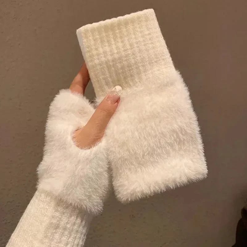 Women’s Soft Winter Fingerless Knit Gloves – Plush Warm Wrist Mittens